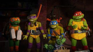 Michaelangelo, Leonardo, Donatello and Raphael in sewers in Teenage Mutant Ninja Turtles: Mutant Mayhem